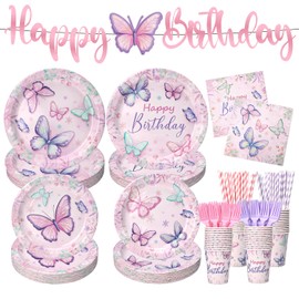 301 PCS Butterfly Plates and Napkins, Birthday Decorations, Party Supplies Include Cups, Forks, Straws and Banner, Perfect for Girls Butterfly Theme Party, Serves 50 Guests