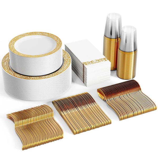 eyoosin 175 Gold Disposable Set for 25 Guests, White Plastic