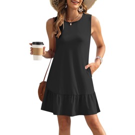 PLOKNRD Beach Dresses Women Summer Tshirt Floral Sundress Sleeveless Pockets Casual Loose Tank Dress, Black-L
