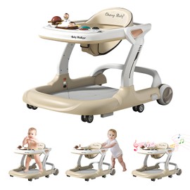 Baby Walker,Music & Lights Baby Walker with Wheels,9 Adjustable Heights Baby Activity Center,Baby Walkers with Foot Pads for Boys Girls Babies,Anti-Fall Bouncer Combo