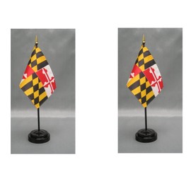 Made in The USA. 2 Maryland 4"x6" Miniature Desk & Table Flags Includes 2 Flag Stands & 2 Maryland State Small Mini Stick Flags