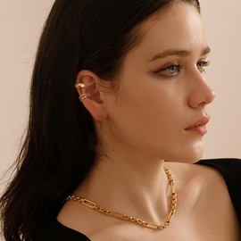 JeryWe Chunky Ear Cuff for Women - 14k Gold Plated Huggie Hoop, Non Piercing Cuff Earrings, Clip On Elegant Ear Clips, Cartilage Wrap, Fashionable Fake Earring Cuffs for Non Pierced Ears