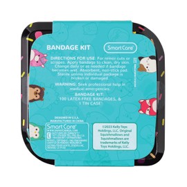 Smart Care Squishmallow Bandage Kit, Cute Bandages for Kids, Infants & Children, Latex-Free, Assorted Variety Pack with Travel Size Tin Case, 100CT
