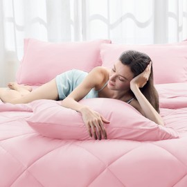 HEVUMYI Pink Queen Comforter Set - 7-Piece All Season Bed in a Bag Queen, Ultra Soft Bedding Set with Comforter, Flat Sheet, Fitted Sheet, Pillowcases, Pillow Shams, Pink