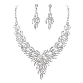 BriLove Wedding Bridal Jewelry Set for Women Rhinestone Crystal Leaf Vine Cluster Statement Necklace Dangle Earrings Clear Silver-Tone