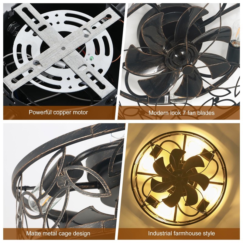 Garwarm Caged Ceiling Fan with Light,18in Rustic Industrial Ceiling Fans