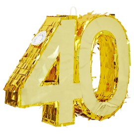 Gold Foil Number 40 Pinata for 40th Birthday Party Decorations, Centerpieces, Anniversary Celebrations (Small, 16.5 x 3 x 13 In)