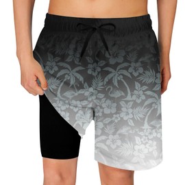 Cozople Swim Shorts for Boys Quick Dry Compression Liner Swimming Trunks Black Hawaii Palm Tree Bathing Suits Swimwear with Pockets for Summer