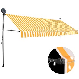 vidaXL Manual Retractable Awning- 137.8" White and Orange- Polyester Canopy with PU Coating, Steel Frame, Solar Powered LED Lights- Sturdy, Long-Lasting, Weather, UV, Water, Dirt Resistant