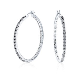 Basic Round Solitaire Set CZ Large Hoop Earrings For Women Rhodium Plated Silver Tone Brass 1.75 In Dia