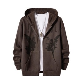 SOLY HUX Men's Graphic Zip Up Hoodies Streetwear Jacket Letter Print Long Sleeve Sweatshirt with Pocket Chocolate Brown Figure M
