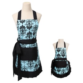 Surblue Vintage Ruffle Floral Aprons with Pockets for 2 Pockets for Mama and Me, Kitchen Apron Set for Cooking, Baking, BBQ, Painting and Gardening, Style Diana, Cotton, Extra-Long Tie, Blue, 2 PCS