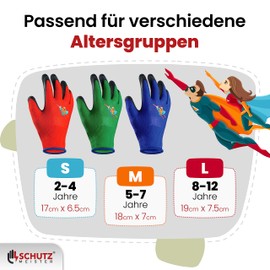 schutzmeister® Kids Work Gloves - High Quality Kids - Gardening Gloves - Superhero Motif - 3 Sizes S/M/L - From 2 to 12 Years - Set of 3 in 3 Colours - for Boys and Girls (L (8-12 Years))