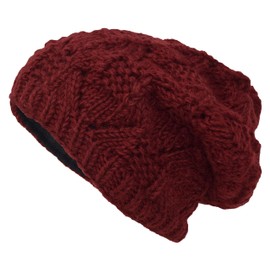 Gheri Cable Knit Winter Fleece Lined Slouch Beanie Wool Rasta Hat Maroon