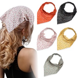 Quilax 5 Pcs Floral Bandana, Hair Bandanas for Women,Print Chiffon Elastic Triangle Head Scarf,Cottagecore Boho Head Kerchief,Vintage Bandanas for Women Girl
