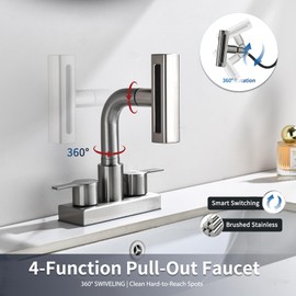 Bathroom Sink Faucet with Pull Down Sprayer 3 Holes, Brushed Nickel 4 inch 2 Handles Centerset Laundry Bar Basin Pull Out Faucet with Pop-Up Drain