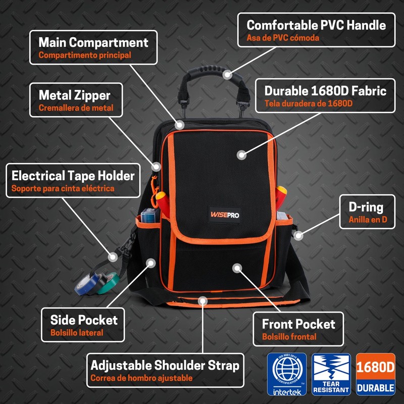 WISEPRO Zippered Electricians Tool Pouch, Waterproof 1680D Tool Pouches Organization