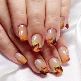 24Pcs Fall French Tip Press on Nails Short Square Fake Nails Maple Leaf Press ons Thanksgiving False Nails Orange Nail Tip Autumn Acrylic Nails Maple Leaves Artificial Glue on Nails Fall Nails Decor