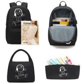 Pawsky School Backpack for Kids Skateboard Anime Luminous Backpack with USB Charging Port, Anti Theft Lock, College School Bookbag for Teen Boys and Girls with lunch Bag and Pencil Case