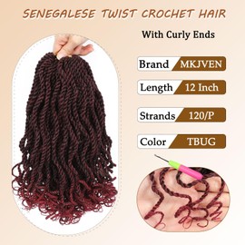 MKJVEN 12 Inch Wavy Senegalese Twist Crochet Hair For Black Women 8 Packs Senegalese Twist Crochet Braids Tbug, Pre Looped Crochet Twists With Curly Ends(12Inch,Tbug)