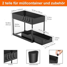 Under Sink Shelf, 2 Tier Standing Shelf, Kitchen Organiser with Sliding Drawer, 2 Set Sink Organiser, with 8 Hooks and 2 Cups, Multifunctional Kitchen Shelf, Spice Rack (Black)