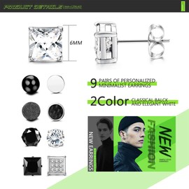 KALVICA 9 Pairs Hypoallergenic Stud Earrings for Men Women Cubic Zirconia Stud Earrings Set Stainless Steel Earrings Black Unisex Jewelry