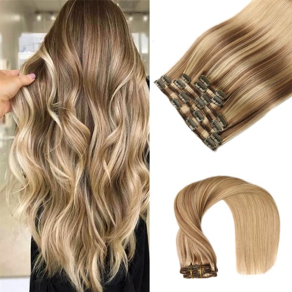 VINBAO Human Hair Extensions Clip in 22inch, Balayage Ash Brown