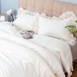 GLORY SEASON 100% Cotton Duvet Cover Set Ruffle Lace Edge Natural White Non-dyestuff Ivory Washed All Season Comforter Cover Bedding Sets, Matching Shams, (Queen 90"x90")