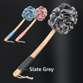 Toem Loofah Back Scrubber for Shower | Bamboo Charcoal Fiber Infused | Loufas for Men & Women | Includes 1 Long Handled Shower Sponge, 1 Bath & Shower Luffa Pouf & 1 Hook to Hang Stuff (Slate Grey)