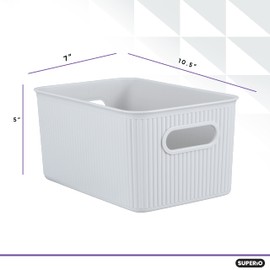 Superio Ribbed Collection - Decorative Plastic Basket Lidded Home Storage Bins Organizer, Medium White Smoke (2 Pack - 5 Liter) Stackable Container Box, for Organizing Closet Storage Bins for Shelves