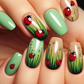 24pcs Summer Press on Nails Medium Square Green Fake Nails with Insect Designs Flower Grass Glue on Nails Full Cover Glossy Artificial Nails for Women Girl Nail Decoration Supplies