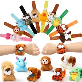 Golray 12pcs Stuffed Animal Plush Slap Bracelets Safari Party Favors Jungle Theme Birthday Party Gift Plush Toys for Classroom Rewards Wild One Safari Birthday Decorations Goodie Bag Stuffers Filler