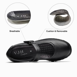 VJH Comfort - Zapatos planos Mary Jane para mujer, transpirables, cómodos, con punta redonda, tacón bajo, ligeros, para caminar, Negro -, 11