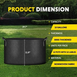 Simple Deluxe 12 Pack 15 Gallon Grow Bags, 300G Vegetable/Flower/Plant Fabric Pots with Handles, Heavy Duty Thickened Nonwoven Planting Bag with 12 Pcs Plant Labels