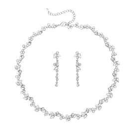 BriLove Wedding Jewelry for Women Bride,Crystal Rhinestones Teardrop Cluster Necklace Long Dangle Earrings Set for Bridal Bridesmaid Party Prom Formal Costume Clear Silver-Tone