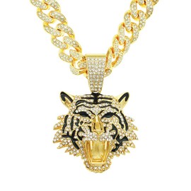 CZ Fully Roaring Tiger Head With Green Eyes Pendant Punk Rock Stainless Steel Necklace Iced Out Chain Tiger Pendant Necklace For Boys Men Hip Hop Animal Stainless Steel Jewelry 24 Inch Chain,