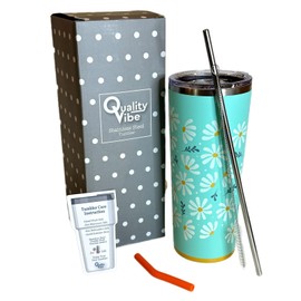 QualityVibe 22oz Stainless Steel Insulated Coffee Tumbler with Straw & Lid. Flo