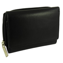 Hide and Sleek Ladies Real Leather Zip-Around Coin Tray Purse RFID Protected (Black)