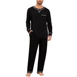 SWOMOG Mens Pajamas Set Modal Long Sleeve Sleepwear Crew Neck Pjs 2 Piece Loungewear Nightshirt Top & Pants with Pockets Black Medium