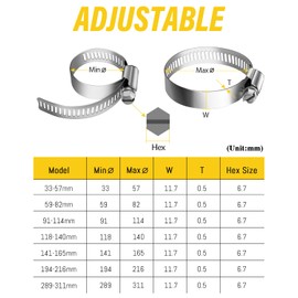 Caianwin 6 Pcs Hose Clips Large Size 194-216mm Adjustable 304 Stainless Steel Hose Clamp for Automotive,Mechanical,Agriculture