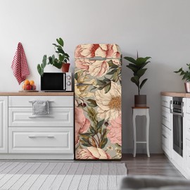 Flortlias Refrigerator Stickers Murals Peel and Stick, Refrigerator Floral Decal Wraps Self-Adhesive, Refrigerator Decorative Cover for Kitchen Living Room Decor, Vintage Pink Peony