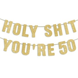 Pre-Strung Holy You're 50 Banner - Gold Glitter, 50th Birthday Decorations for Men & Women, Funny Fifty Birthday Decor Sign 50th Birthday Gifts for Her & Him