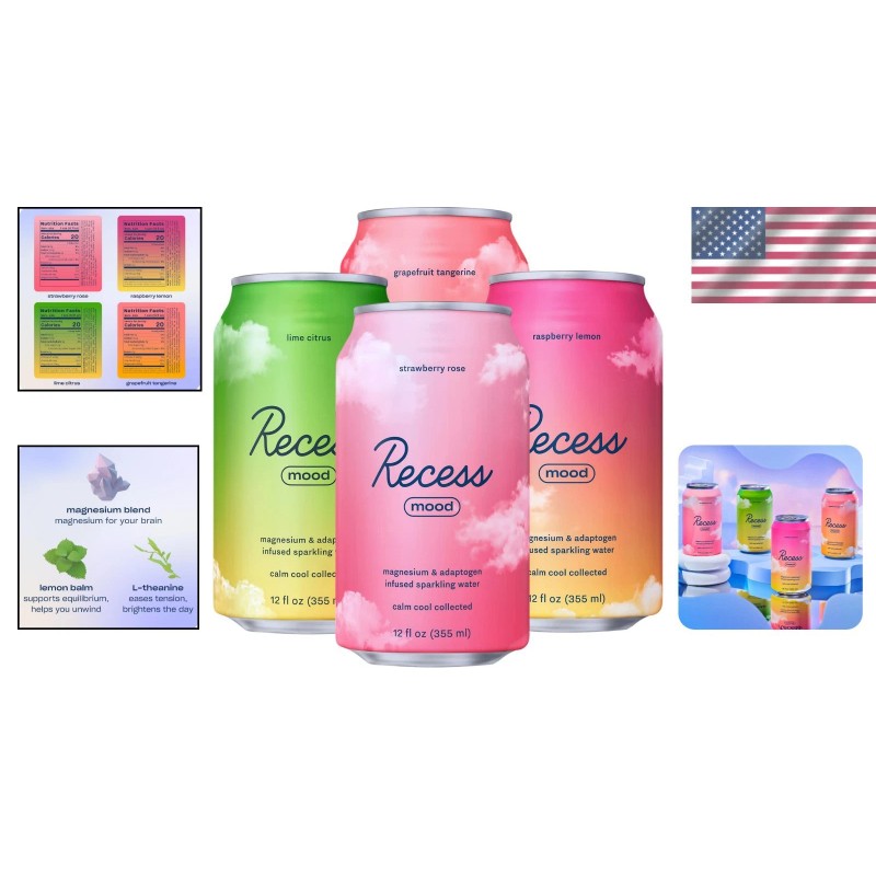 Recess Mood Magnesium Beverage, 12oz Cans, 12-Pack Variety for Elevated
