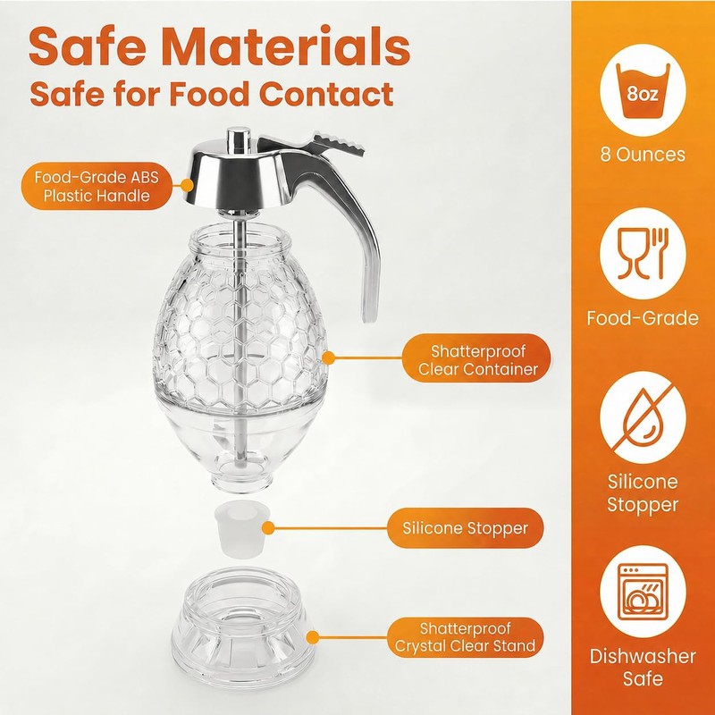 Shatterproof Honey Dispenser No Drip with Stand, Clear Syrup Dispenser