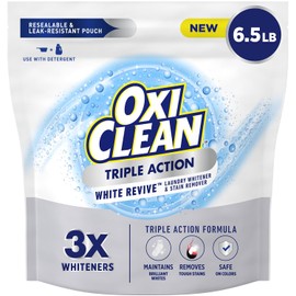 OxiClean Triple Action White Revive Laundry Whitener and Stain Remover Powder, Use with Detergent, Whitens and Brightens Clothes, Removes Tough Stains, Color Safe, Chlorine Free, 6.5 lbs