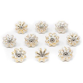 ETHNICITI Set of 10 Pumpkin Flower Golden Hand-Painted Gold Ceramic Door Knobs Vintage Shabby Chic Cupboard Drawer Pull Handles