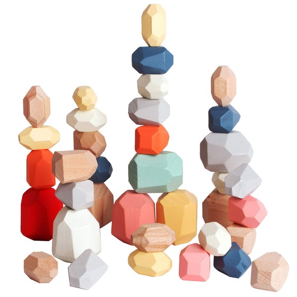 BESTAMTOY 36 PCS Wooden Sorting Stacking Rocks Stones,Sensory Toddler Toys Learning Montessori Toys, Building Blocks Game for Kids 2 3 4 5 6 Years Boy and Girl Birthday Gifts for Kids