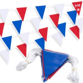 105ft Red White and Blue Pennant Banner Flags, 7"x10" Fluorescent Safety Flagging Banner Warning Flags for Construction Site/Boundary Barrier Signs, Perimeter Marking Flags on String, 45 Flags