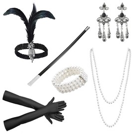 WOTOW 1920s Accessories for Women, Roaring 20s Costumes Great Gatsby Accessories with Feather Headband Gloves Earrings Neckalce Bracelet for Party, 6 Pcs