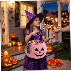 Cesta de Truco o Trato de Cubo Halloween, 1 Paquete, Linda Cesta Calabaza con Bordado y Lazo a Rayas para niños, Rosa